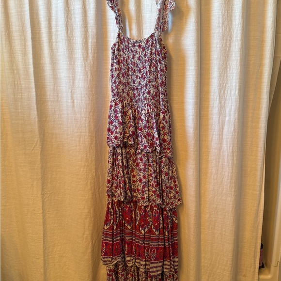 Smocked Tiered Maxi Dress in Red and Cream Floral - Picture 2 of 3